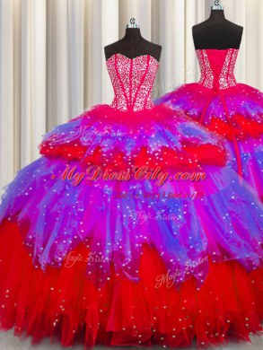 Bling-bling Visible Boning Floor Length Lace Up Quinceanera Dress Multi-color for Military Ball and Sweet 16 and Quinceanera with Beading and Ruffles and Ruffled Layers and Sequins