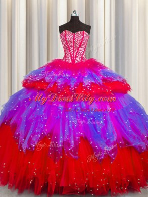 Bling-bling Visible Boning Floor Length Lace Up Quinceanera Dress Multi-color for Military Ball and Sweet 16 and Quinceanera with Beading and Ruffles and Ruffled Layers and Sequins