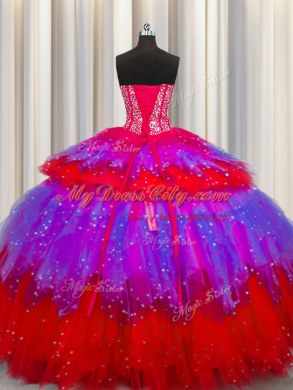 Bling-bling Visible Boning Floor Length Lace Up Quinceanera Dress Multi-color for Military Ball and Sweet 16 and Quinceanera with Beading and Ruffles and Ruffled Layers and Sequins