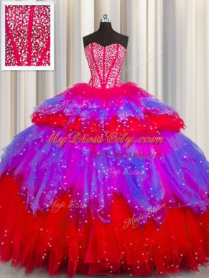 Bling-bling Visible Boning Floor Length Lace Up Quinceanera Dress Multi-color for Military Ball and Sweet 16 and Quinceanera with Beading and Ruffles and Ruffled Layers and Sequins