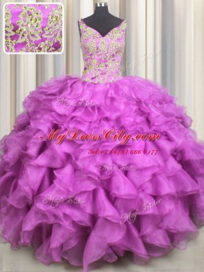 Perfect Ball Gowns Sweet 16 Dress Fuchsia V-neck Organza Sleeveless Floor Length Lace Up