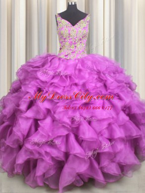 Perfect Ball Gowns Sweet 16 Dress Fuchsia V-neck Organza Sleeveless Floor Length Lace Up