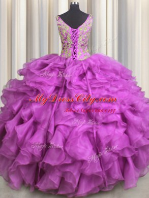 Perfect Ball Gowns Sweet 16 Dress Fuchsia V-neck Organza Sleeveless Floor Length Lace Up