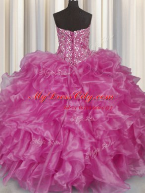 Visible Boning Organza Strapless Sleeveless Lace Up Beading and Ruffles 15th Birthday Dress in Fuchsia