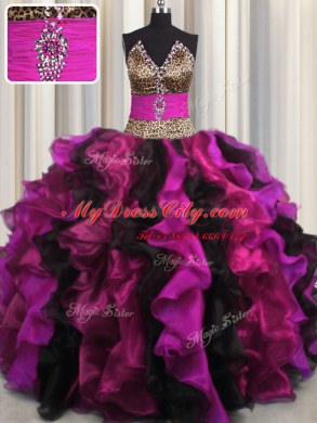 Leopard V Neck Floor Length Multi-color Quince Ball Gowns Organza Sleeveless Beading and Ruffles