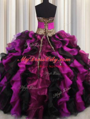 Leopard V Neck Floor Length Multi-color Quince Ball Gowns Organza Sleeveless Beading and Ruffles