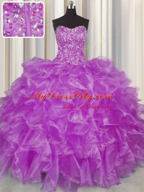 Sweet Visible Boning Purple Organza Lace Up Strapless Sleeveless Floor Length Sweet 16 Dress Beading and Ruffles