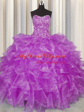 Sweet Visible Boning Purple Organza Lace Up Strapless Sleeveless Floor Length Sweet 16 Dress Beading and Ruffles