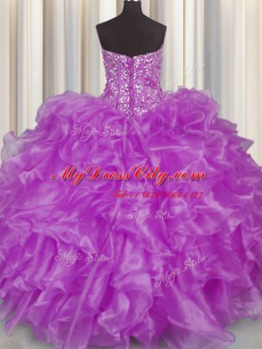 Sweet Visible Boning Purple Organza Lace Up Strapless Sleeveless Floor Length Sweet 16 Dress Beading and Ruffles