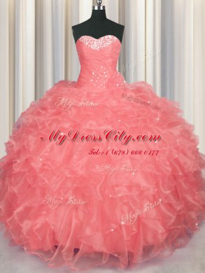 Beauteous Sleeveless Organza Floor Length Lace Up 15 Quinceanera Dress in Watermelon Red with Beading and Ruffles