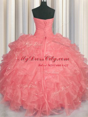 Beauteous Sleeveless Organza Floor Length Lace Up 15 Quinceanera Dress in Watermelon Red with Beading and Ruffles