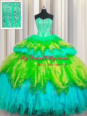 Bling-bling Visible Boning Multi-color Ball Gowns Beading and Ruffles and Ruffled Layers and Sequins Quinceanera Dresses Lace Up Tulle Sleeveless Floor Length