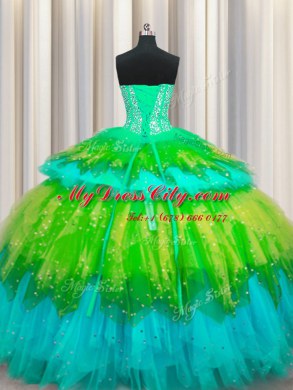 Bling-bling Visible Boning Multi-color Ball Gowns Beading and Ruffles and Ruffled Layers and Sequins Quinceanera Dresses Lace Up Tulle Sleeveless Floor Length