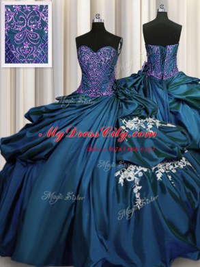 Teal Taffeta Lace Up 15 Quinceanera Dress Sleeveless Floor Length Beading and Appliques