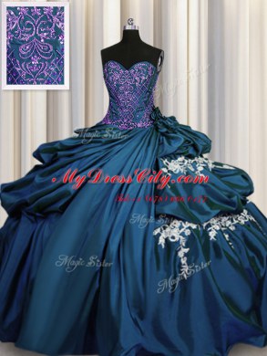 Teal Taffeta Lace Up 15 Quinceanera Dress Sleeveless Floor Length Beading and Appliques