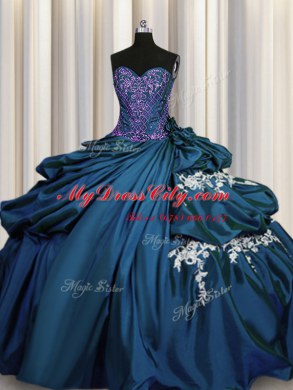 Teal Taffeta Lace Up 15 Quinceanera Dress Sleeveless Floor Length Beading and Appliques