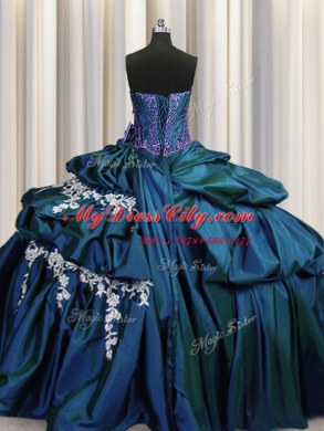 Teal Taffeta Lace Up 15 Quinceanera Dress Sleeveless Floor Length Beading and Appliques