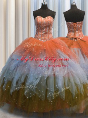 Visible Boning Multi-color Tulle Lace Up 15 Quinceanera Dress Sleeveless Floor Length Beading and Ruffles and Sequins