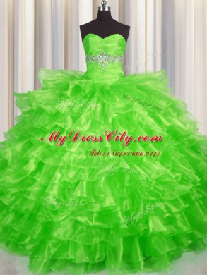 Ideal Organza Lace Up Sweetheart Sleeveless Floor Length Quinceanera Gowns Beading and Ruffled Layers