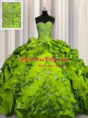 Stylish Olive Green Lace Up Sweetheart Beading and Embroidery and Ruffles and Sequins and Pick Ups Sweet 16 Dresses Taffeta Sleeveless