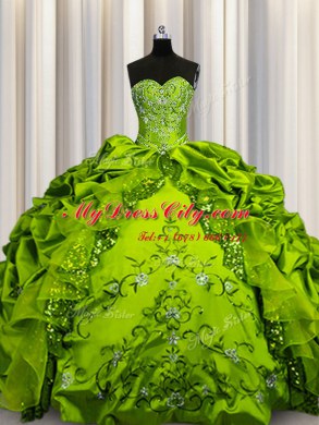 Stylish Olive Green Lace Up Sweetheart Beading and Embroidery and Ruffles and Sequins and Pick Ups Sweet 16 Dresses Taffeta Sleeveless