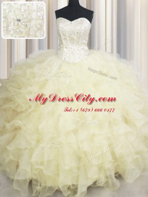 Customized Sleeveless Organza Floor Length Lace Up Quinceanera Gowns in Light Yellow with Beading and Ruffles