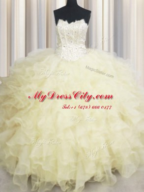 Customized Sleeveless Organza Floor Length Lace Up Quinceanera Gowns in Light Yellow with Beading and Ruffles