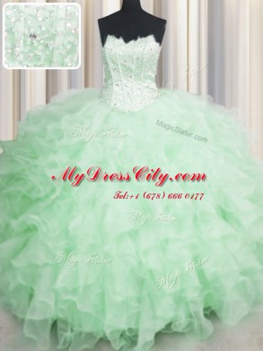 Scalloped Visible Boning Apple Green Lace Up Ball Gown Prom Dress Beading and Ruffles Sleeveless Floor Length