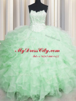 Scalloped Visible Boning Apple Green Lace Up Ball Gown Prom Dress Beading and Ruffles Sleeveless Floor Length