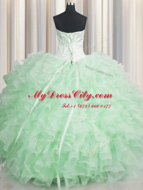 Scalloped Visible Boning Apple Green Lace Up Ball Gown Prom Dress Beading and Ruffles Sleeveless Floor Length