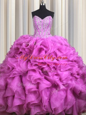 Attractive Visible Boning With Train Fuchsia Ball Gown Prom Dress Sweetheart Sleeveless Brush Train Lace Up