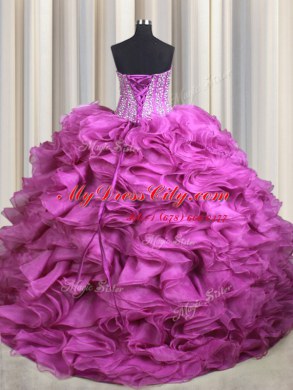 Attractive Visible Boning With Train Fuchsia Ball Gown Prom Dress Sweetheart Sleeveless Brush Train Lace Up