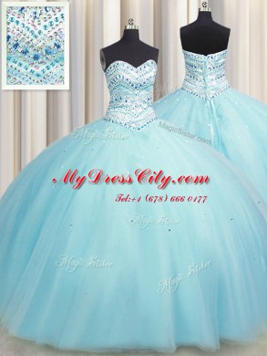 Ideal Bling-bling Big Puffy Aqua Blue Sweetheart Lace Up Beading 15 Quinceanera Dress Sleeveless