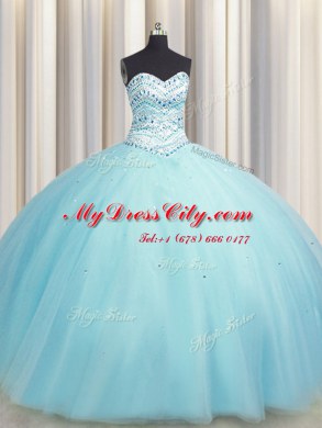 Ideal Bling-bling Big Puffy Aqua Blue Sweetheart Lace Up Beading 15 Quinceanera Dress Sleeveless