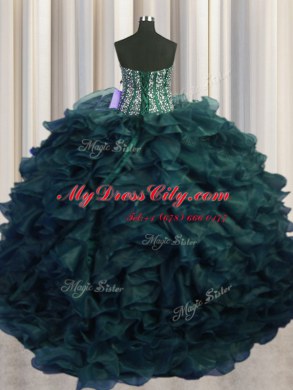 Cute Visible Boning Bling-bling Peacock Green Sleeveless Organza Brush Train Lace Up 15 Quinceanera Dress for Military Ball and Sweet 16 and Quinceanera