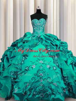 Ideal Sequins Floor Length Lace Up Quinceanera Gowns Dark Green for Military Ball and Sweet 16 and Quinceanera with Beading and Embroidery and Ruffles and Pick Ups