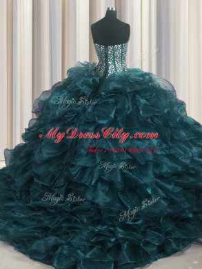 Visible Boning Bling-bling Teal Organza Lace Up Sweetheart Sleeveless With Train 15th Birthday Dress Brush Train Beading and Ruffles