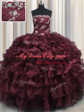 Flare Wine Red Strapless Lace Up Appliques and Ruffles and Ruffled Layers Quince Ball Gowns Sleeveless