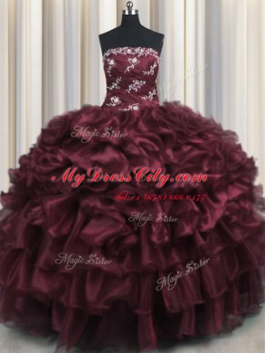 Flare Wine Red Strapless Lace Up Appliques and Ruffles and Ruffled Layers Quince Ball Gowns Sleeveless