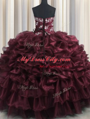 Flare Wine Red Strapless Lace Up Appliques and Ruffles and Ruffled Layers Quince Ball Gowns Sleeveless