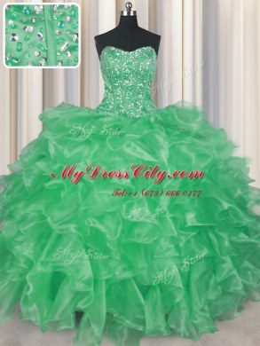 Glamorous Visible Boning Organza Strapless Sleeveless Lace Up Beading and Ruffles Quinceanera Dress in Apple Green