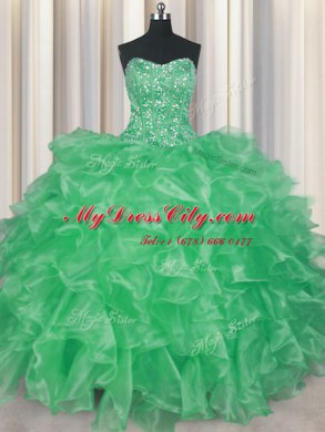 Glamorous Visible Boning Organza Strapless Sleeveless Lace Up Beading and Ruffles Quinceanera Dress in Apple Green