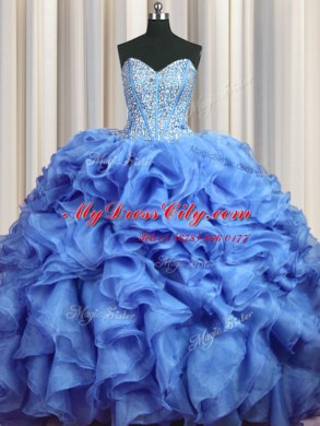 Visible Boning Bling-bling Organza Sleeveless With Train Sweet 16 Dresses Brush Train and Beading and Ruffles