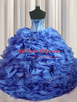 Visible Boning Bling-bling Organza Sleeveless With Train Sweet 16 Dresses Brush Train and Beading and Ruffles