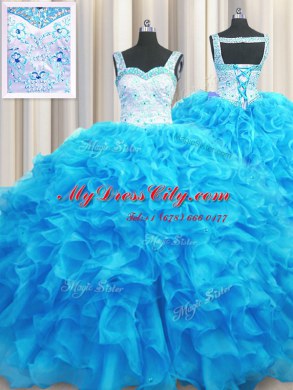 Simple Organza Straps Sleeveless Lace Up Beading and Ruffles Vestidos de Quinceanera in Aqua Blue