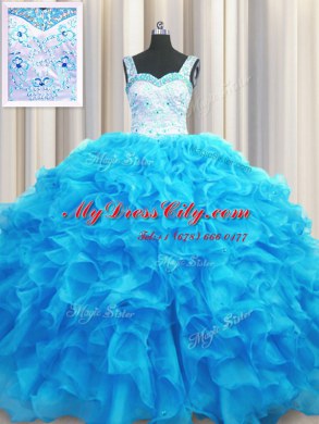 Simple Organza Straps Sleeveless Lace Up Beading and Ruffles Vestidos de Quinceanera in Aqua Blue