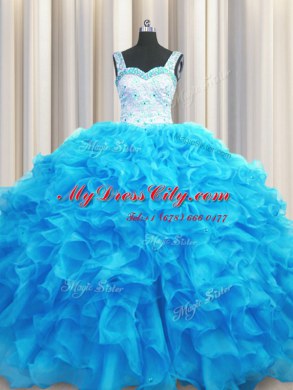 Simple Organza Straps Sleeveless Lace Up Beading and Ruffles Vestidos de Quinceanera in Aqua Blue