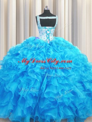 Simple Organza Straps Sleeveless Lace Up Beading and Ruffles Vestidos de Quinceanera in Aqua Blue