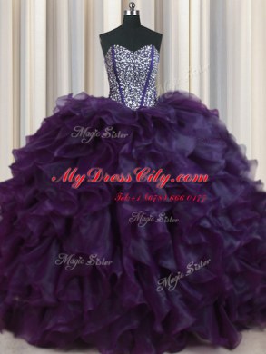 Delicate Visible Boning Bling-bling Dark Purple Sleeveless With Train Beading and Ruffles Lace Up Quinceanera Gown