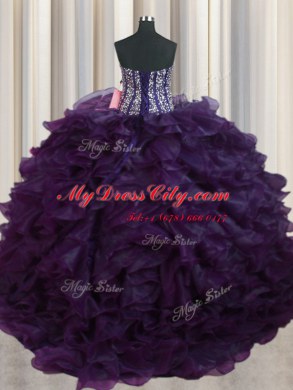 Delicate Visible Boning Bling-bling Dark Purple Sleeveless With Train Beading and Ruffles Lace Up Quinceanera Gown